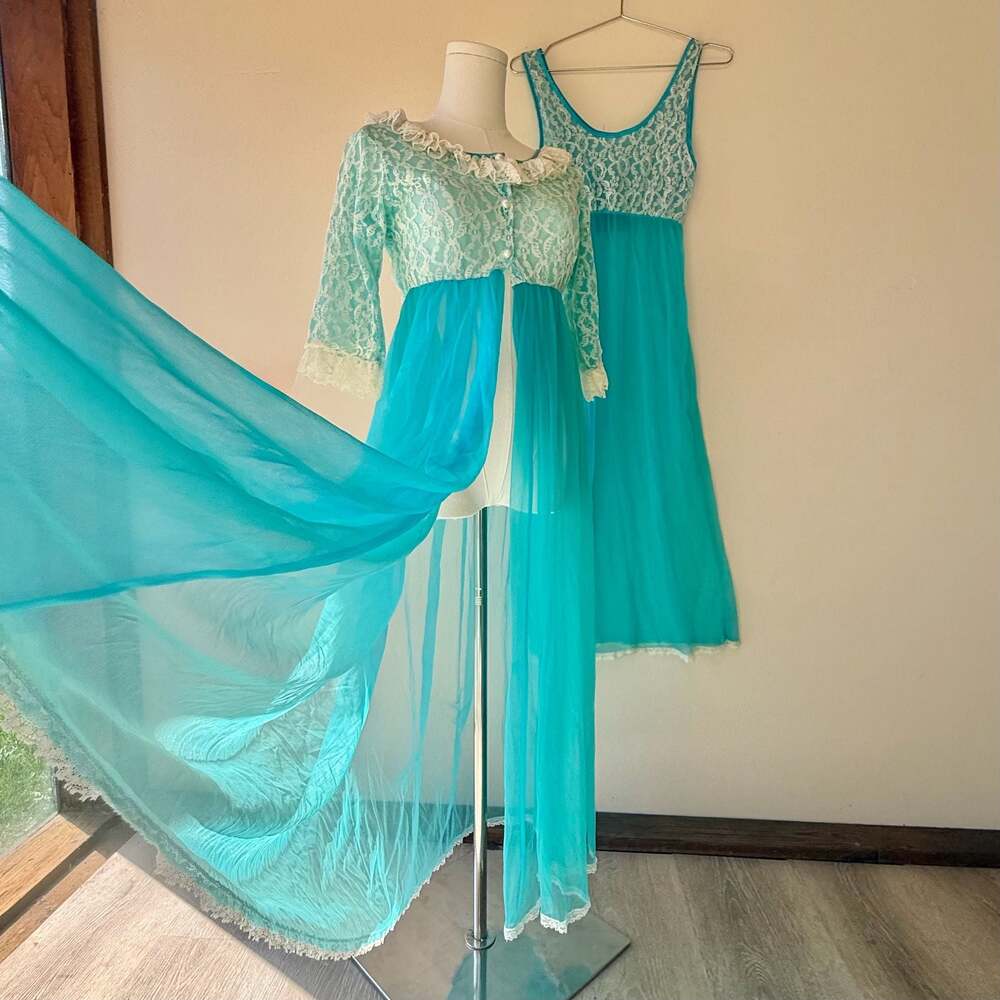 Vintage 1960s Belle Smith Turquoise Nylon Peignoir Set Lace Dress and Sheer Robe